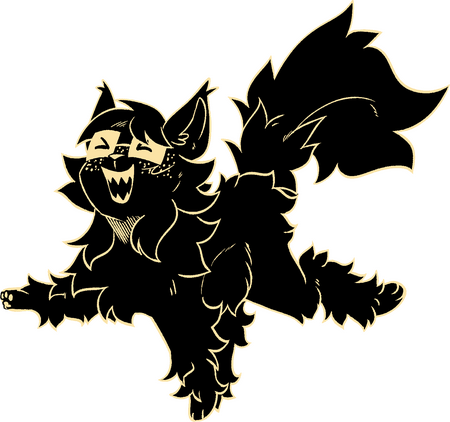 my sona, a pitch black feline-esque creature with freckles and square glasses, happily posing.