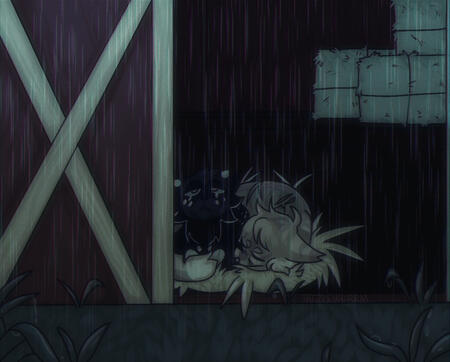 a pair of cats settled on a nest made of hay inside the barn, in a frontal view. the interior is mainly empty, save for haybales in the back. carrion, the dark blue cat, is awake and forlornly looking up in the rain, while cricket, the tan cat, is asleep a