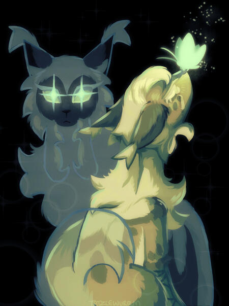 catified white lily + elder faerie. EF is an apparation with glowing eyes, a tail wrapped around the mournful WL. WL looks up to the dark sky with tears, allowing a butterfly to land on her nose with a comforting glow.