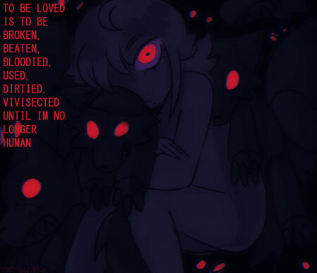 my oc kira hugging a stuffed animal of a wolf, pulled to a snarl. not only that, he is also surrounded by the same plushie. He, as well as the stuffed wolves, all have striking red eyes, and there is text to the left. ''To be loved is to be broken, beaten